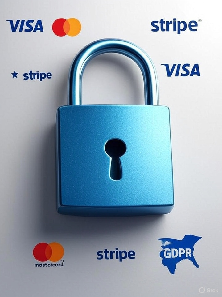 Ícono de pago seguro con Stripe, Visa y Mastercard